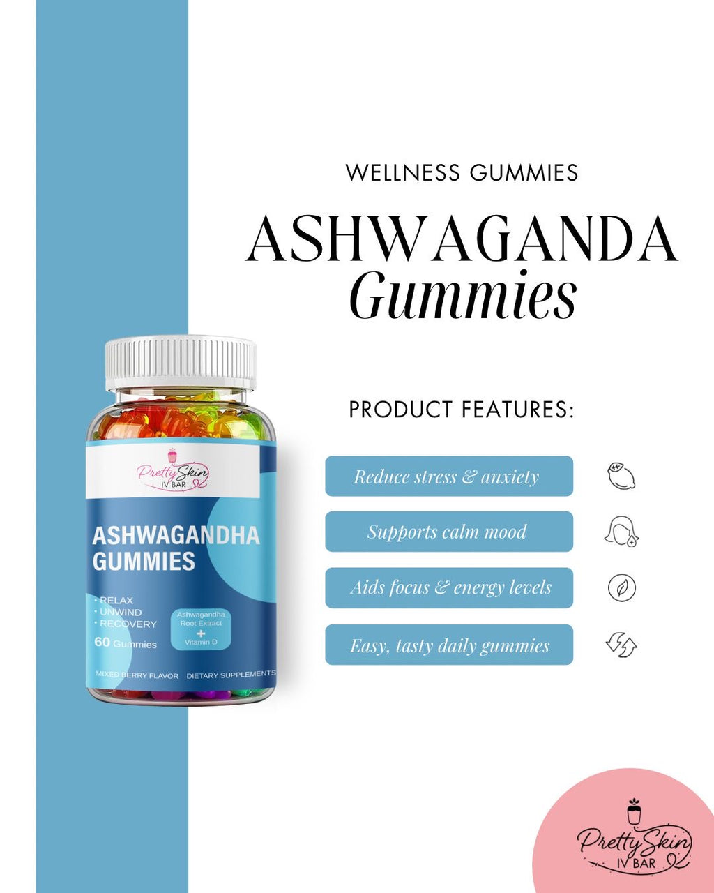 Prettyskin Ashwagandha Gummies – Stress & Balance Support (60 Gummies)